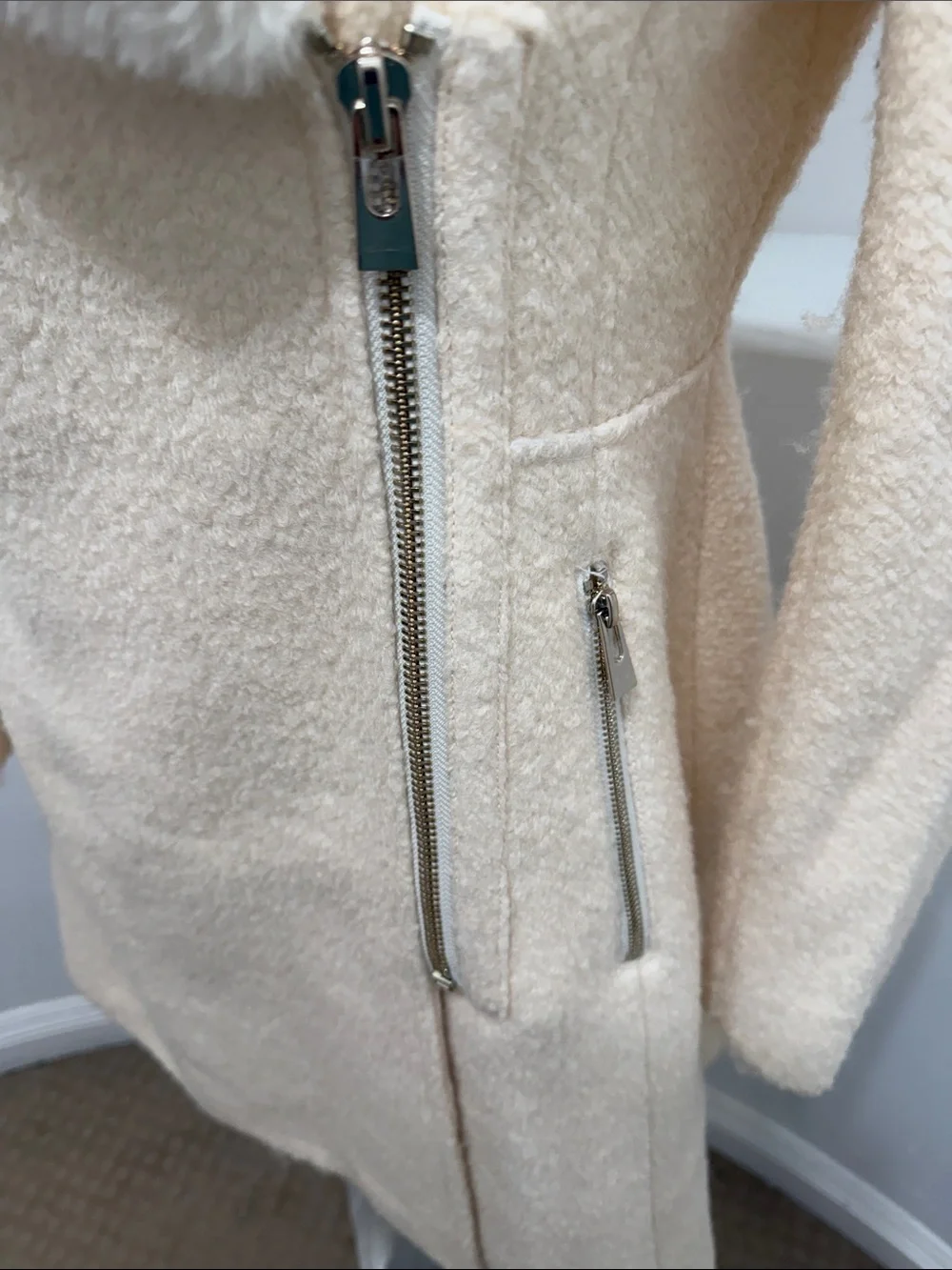 INC International Concepts S Ivory Wool Blend Faux Fur Collar Zip Coat